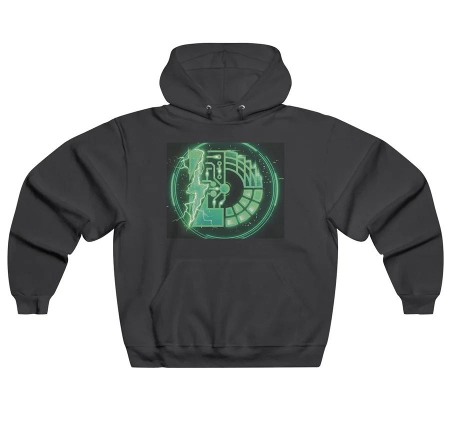 A black pullover hoodie with the green circuit-board D Builds logo printed large on the front.