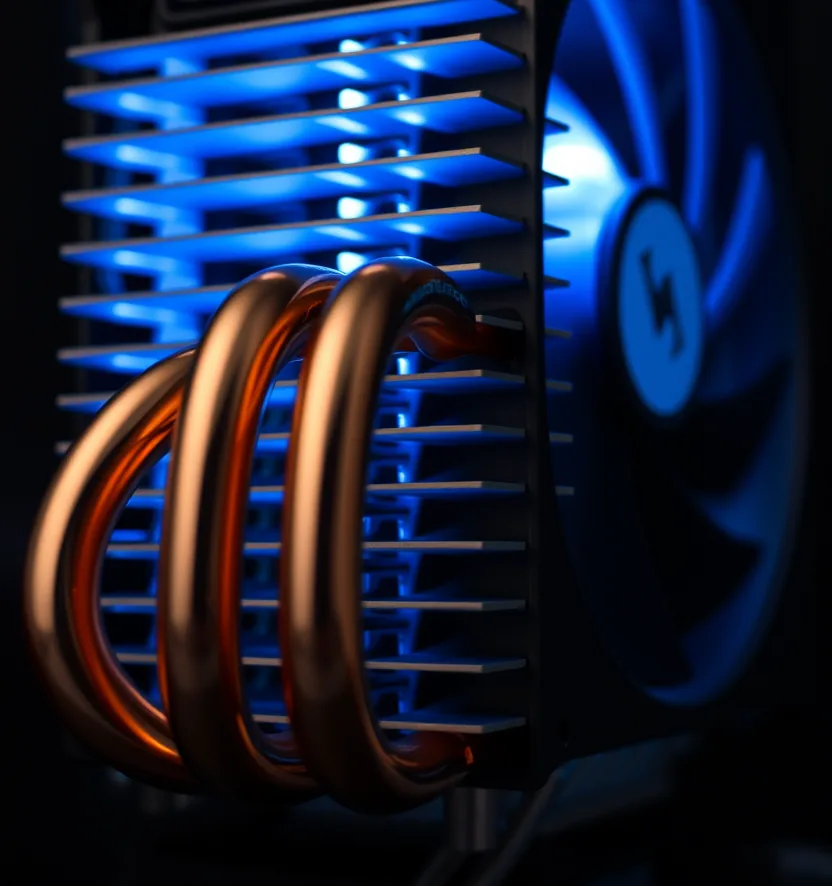Backlit macro of a tower CPU cooler's fin stack with copper heatpipes in the foreground.