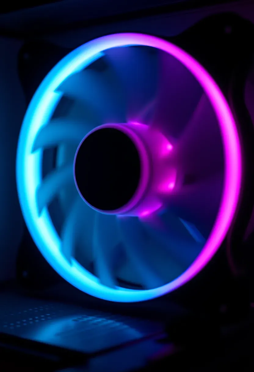 Close-up of a case fan's blades behind a glowing ring that fades from cyan into magenta.