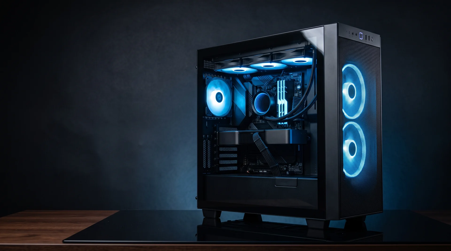 A matte black mid-tower gaming PC photographed in a dark room, blue RGB fan rings glowing behind the tempered glass side panel.