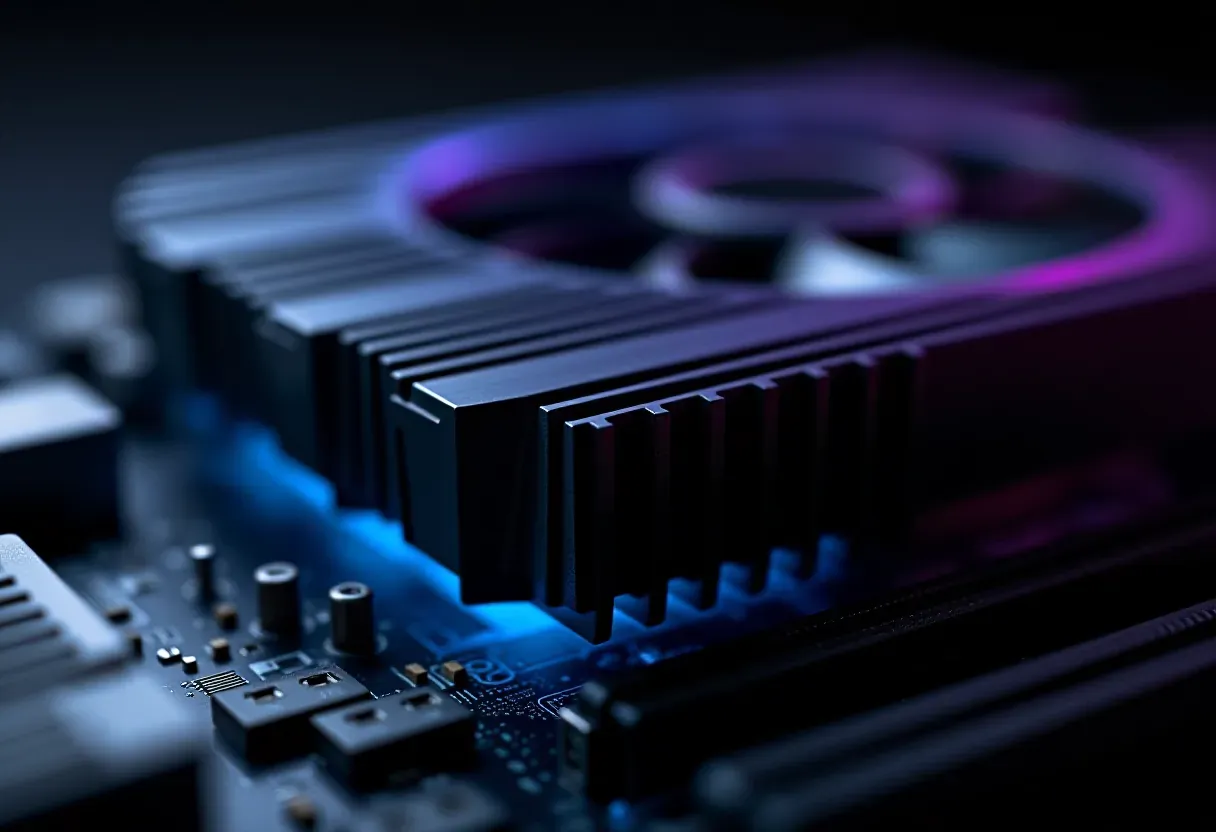 Macro of a black motherboard heatsink with fine surface components in focus.