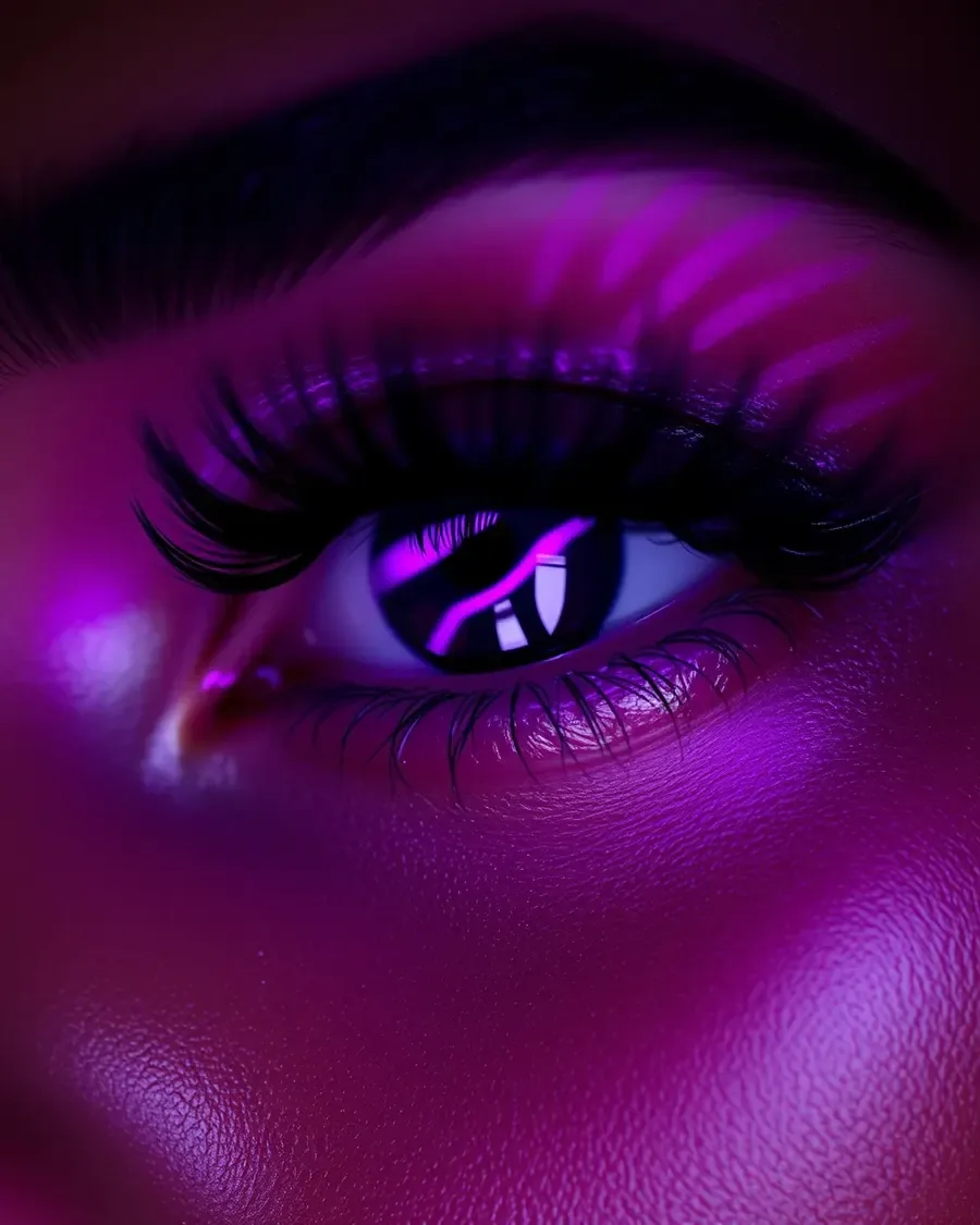 Macro photograph of a lash set under magenta lighting, from a beauty and spa website concept.