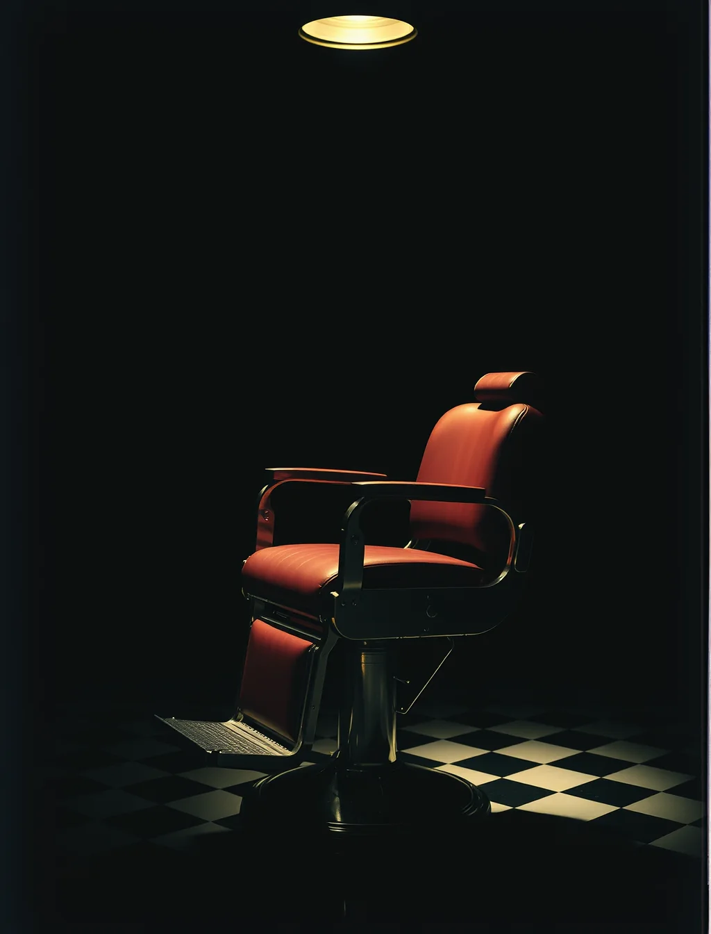 A chrome and burgundy leather barber chair standing alone under a single overhead spotlight in a dark shop.