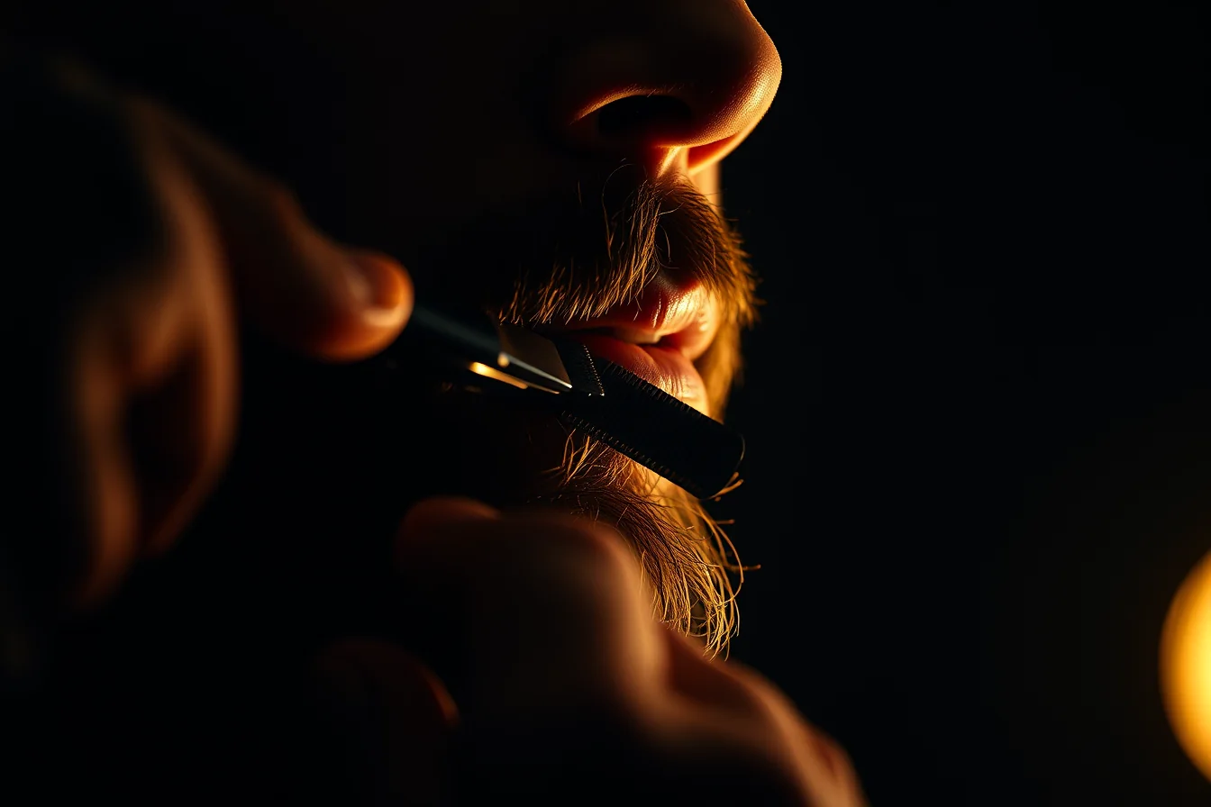 A straight razor carving a sharp edge along a bearded jawline in warm side light.