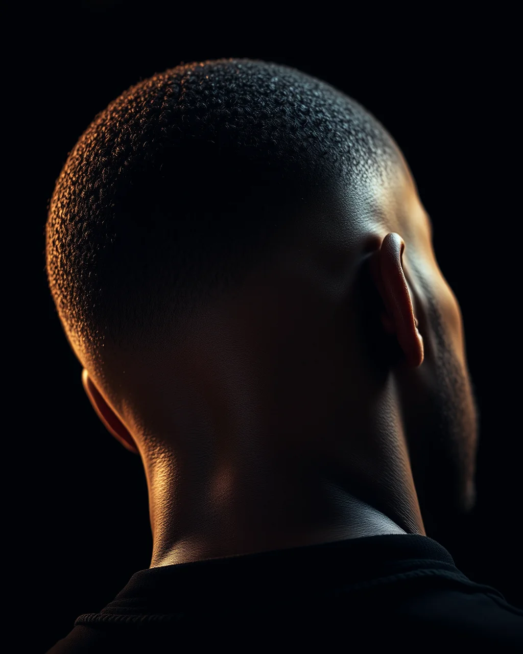 Close-up of a fresh skin fade on the back of a head, the gradient from bare skin into dense hair blended without a visible line.
