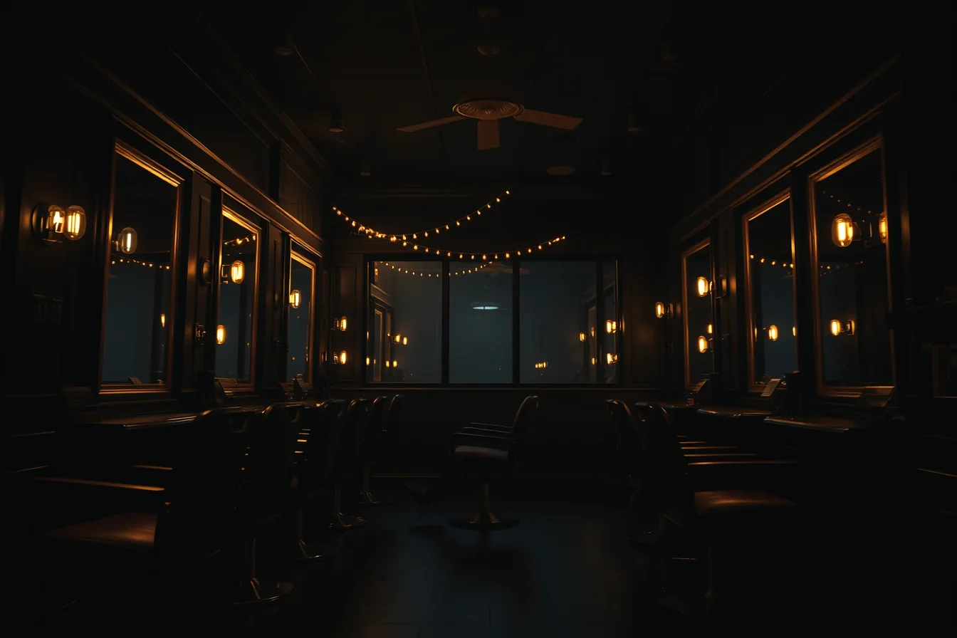 A row of barber chairs facing lit mirrors in a dark shop, warm filament bulbs and string lights reflected down the room.