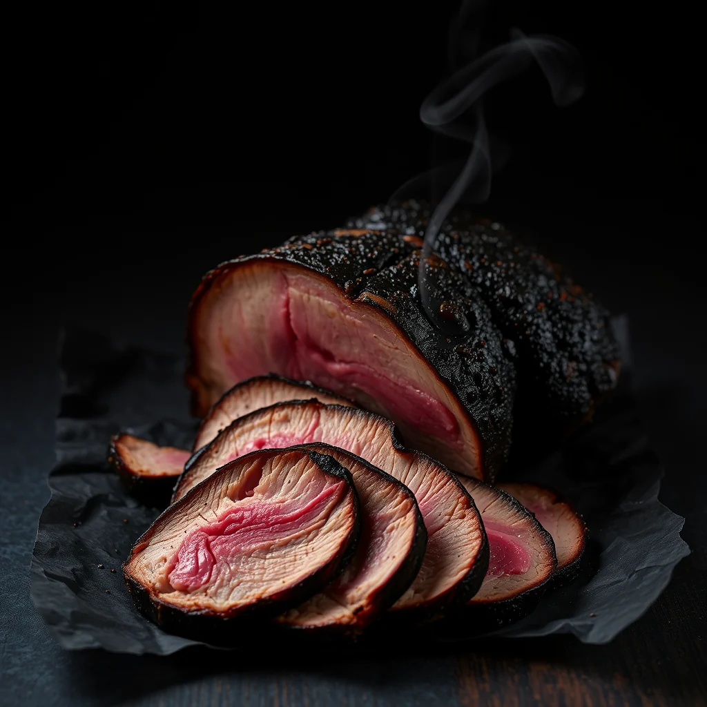 Sliced smoked brisket with a black peppery bark and a visible pink smoke ring, fanned on butcher paper.